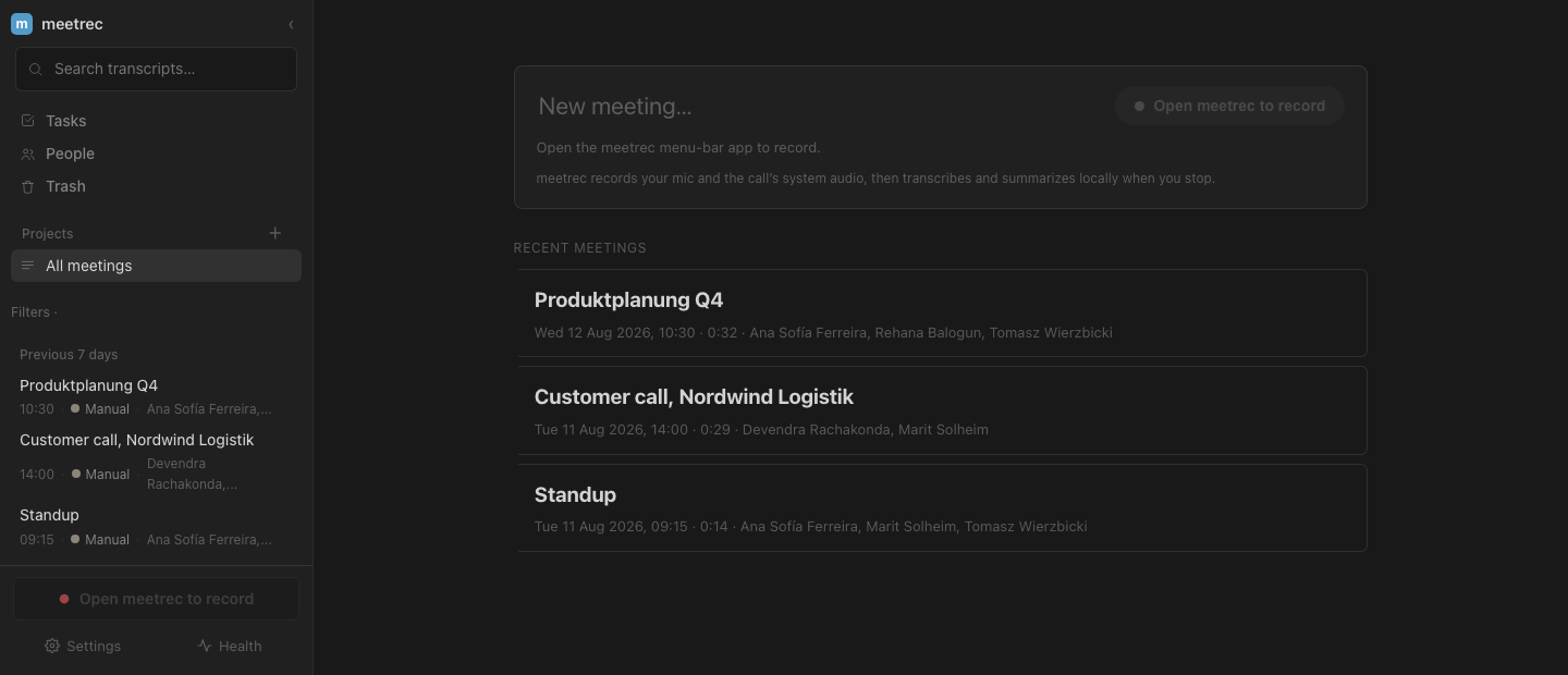 The meetrec meeting library, listing recorded meetings with titles and dates