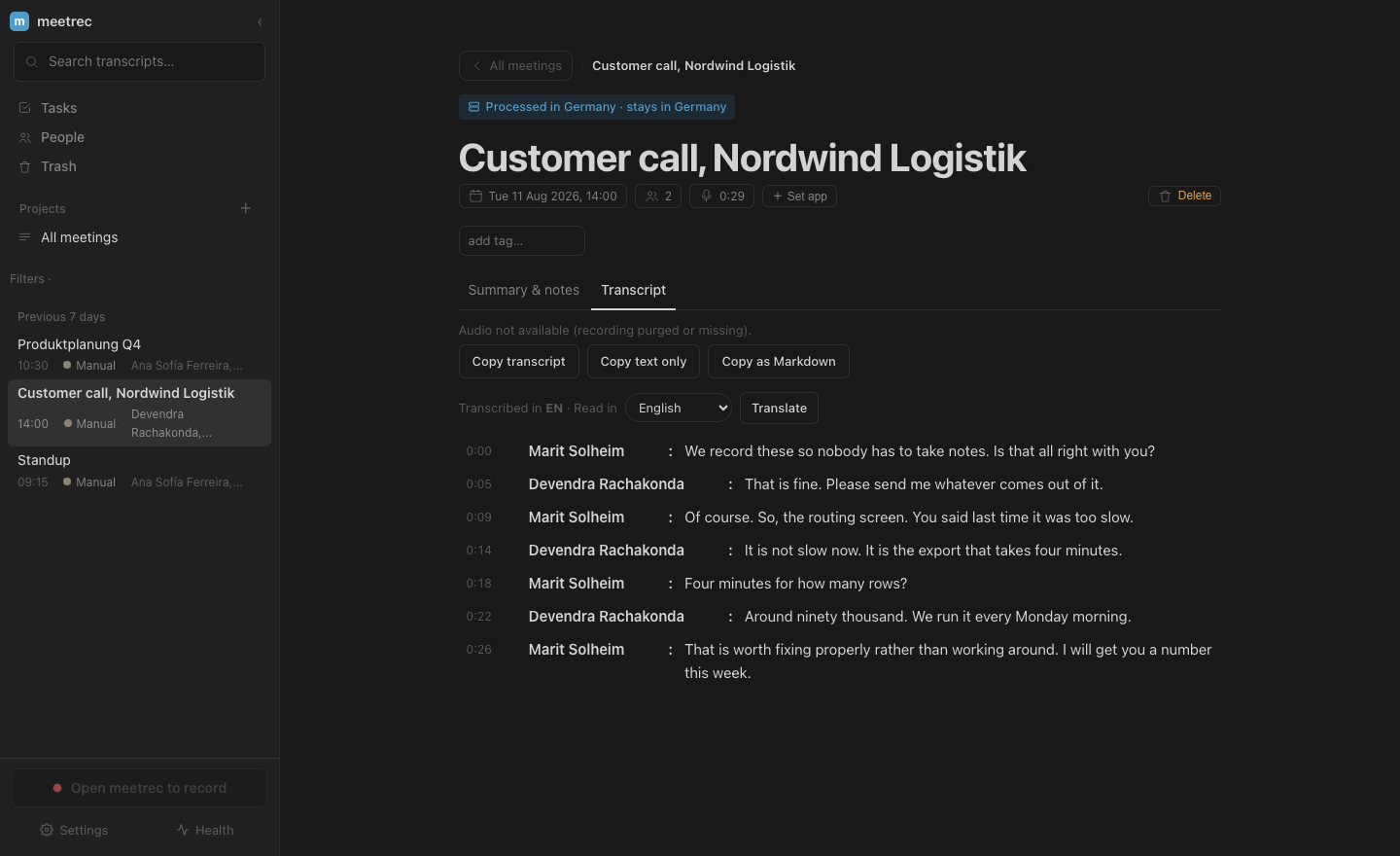 A speaker-labelled transcript in meetrec